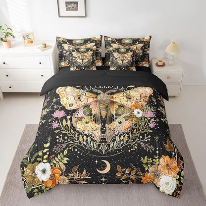 Feelyou Death Moth Print Bedding Set with Comforter, Boho Moth Comforter King Size 7Pcs Halloween Decorations Bed in a Bag with Comforter, Sun Moon Bohemian Flat Sheet, Fitted Sheet, Pillowcases