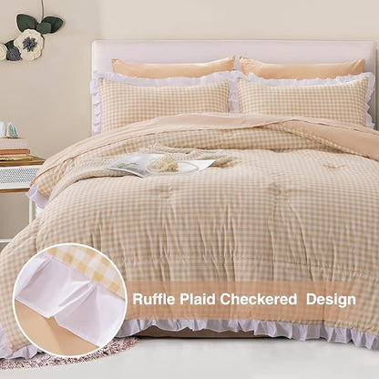 A Nice Night Comforter Twin Size,Khaki Ruffle Comforter for Dorm Room Essentials for Twin Bed,Plaid Checkered Chic Bedding Bed in a Bag for Girls