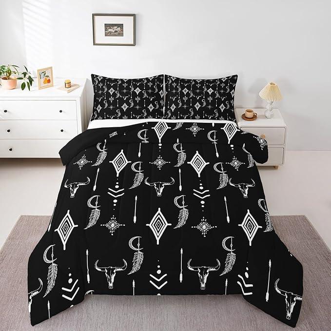 Feelyou Western Bull Skull Bedding Set Twin Size Ethnic Horns Boho Comforter Black White Tribal Symbol Mysterious Aztec Comforter Set for Man Women