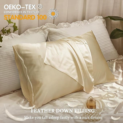 BHZ Beige Satin Goose Down Feather Pillows Queen Size with Pillowcase for Hair and Skin, Cooling Pillow Cases Similar to Silk Pillow Cases, Decorative for Women, Mom Men