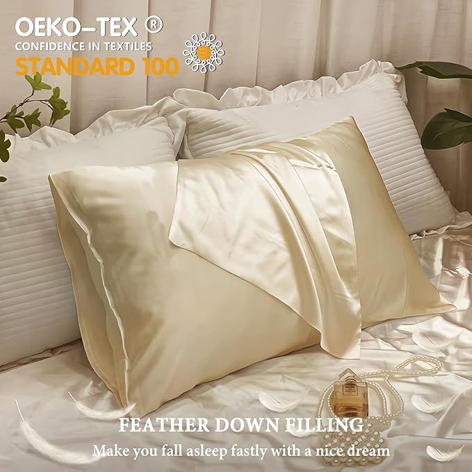 BHZ Beige Satin Goose Down Feather Pillows King Size Set of 2 with Pillowcase for Hair and Skin, Cooling Pillow Cases Similar to Silk Pillow Cases, Decorative for Women, Mom Men