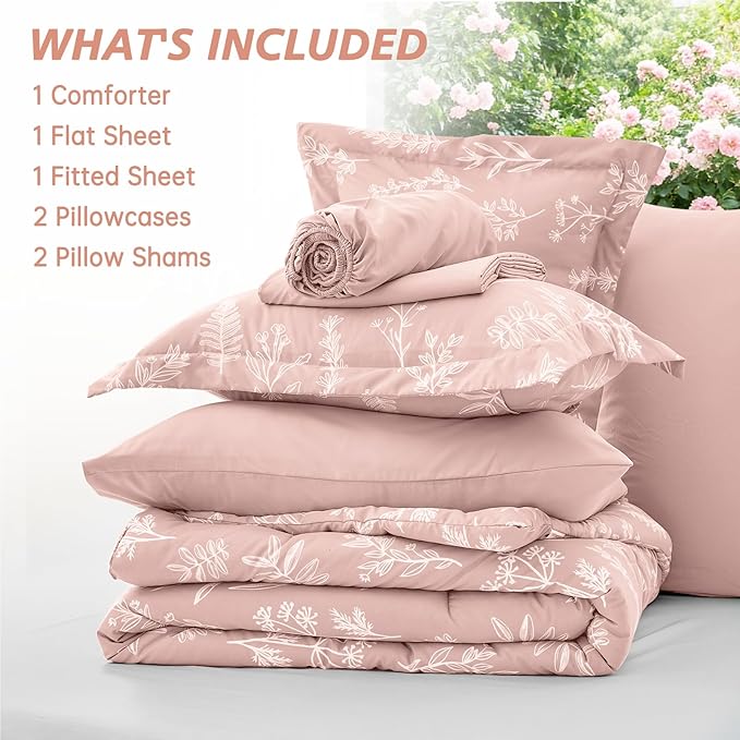 MUXHOMO Cameo Pink Bed in a Bag King 7 Pieces, King Comforter Set Reversible Botanical Flowers Design, Ultra Soft & Breathable Bedding Sets with Comforter, Sheets, Pillowcases & Shams