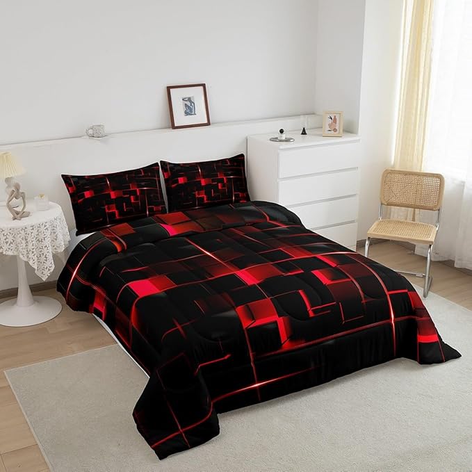 Erosebridal Neon Red Black Comforter Set Full Size, Geometric Kids Bedding Sets 3 Pcs Honeycomb Bed Set Modern Quilt, 1 Comforter 2 Pillow Cases Cool Room Decor All Season B Side Black