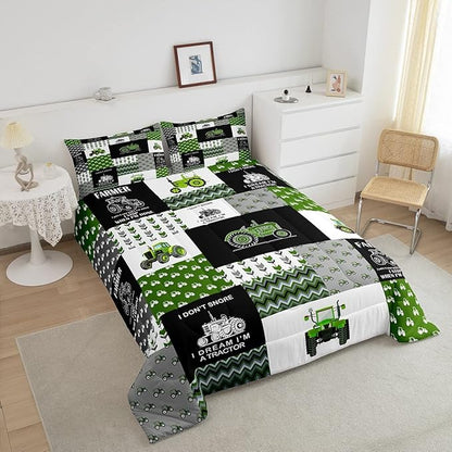 Feelyou Tractor Comforter Set Cartoon Farm Tractor Down Duvet for Kids Boys Girls Truck Car Bedding Set Harvester Excavator Comforter Green 1 Comforter Set with 2 Pillowcases King Size