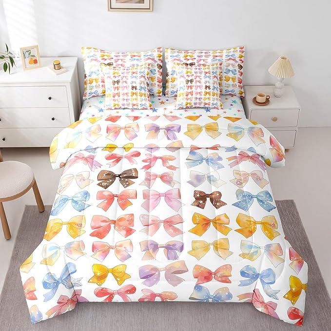 Feelyou Colorful Bow Comforter Set with Sheets Queen Size Kids Bowknot 7 Pieces Bedding Set for Boys Girls Teens Gift for Girls Women Bed in a Bag Breathable Princess Décor Bed Set