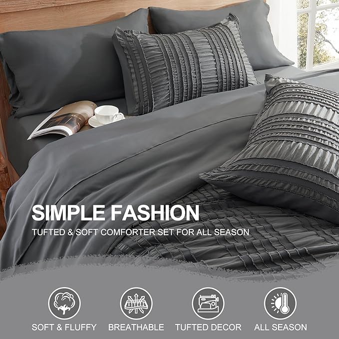 Dark Grey Tufted Textured Comforter Set King Size, 7 Piece Bed in a Bag，Shabby Chic Boho Bedding for Bedroom Comforter，All Season Soft Microfiber Ruffle Comforter Set with Pillow and Sheets