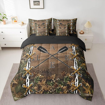 Erosebridal Rustic Queen Comforter Set with Sheets | Botanical Leaves Lake 7 Piece Bedding Set Mens Hunting Bed in a Bag, Farmhouse Woodland Animals Room Decor,Camo Cabin Country Decor Camo Bed Set