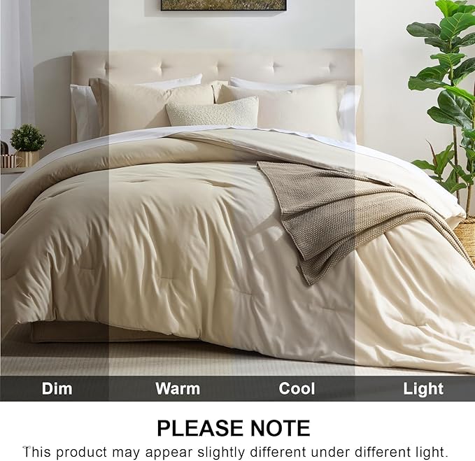 satisomnia Beige Queen Comforter Set 3 Piece, Down Alternative Comforter Queen Size Set Lightweight