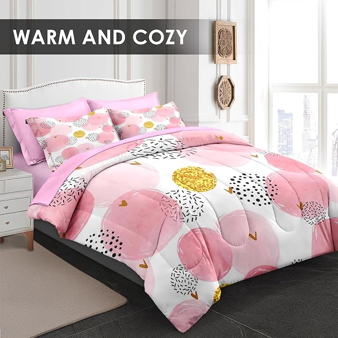 Comforter Set Twin Size, Polka Dot Pink 5 Pcs Bedding for Kids and Adults, Watercolor Spots Circles Bed Sheet Sets with Fitted Sheet Pillowcase & Sham for Bedroom Bed Decor