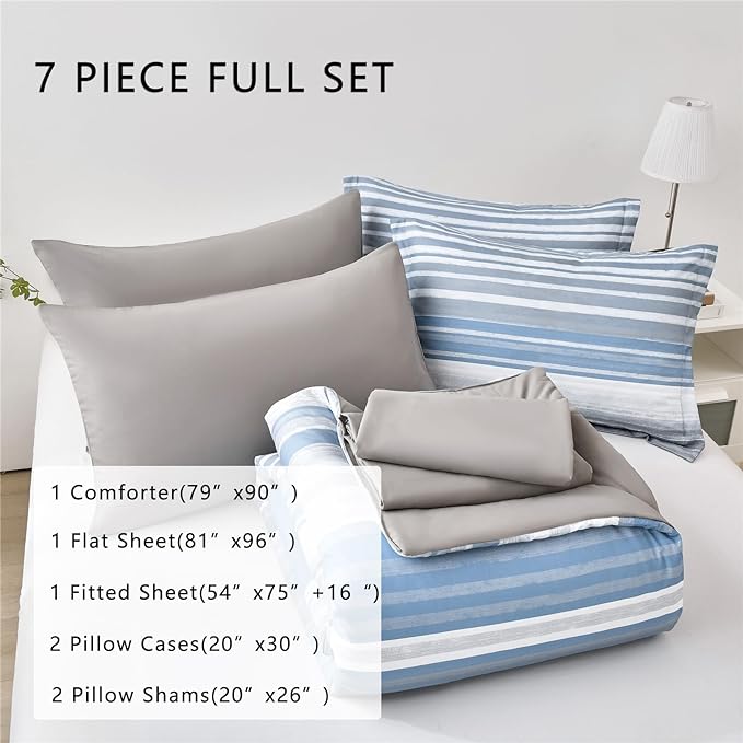 KAKIJUMN 7 Piece Bed in a Bag Stripe Comforter Set Full Size, White Grey Blue Striped Comforter and Sheet Set, All Season Soft Microfiber Complete Bedding Set(Light Blue,Full)