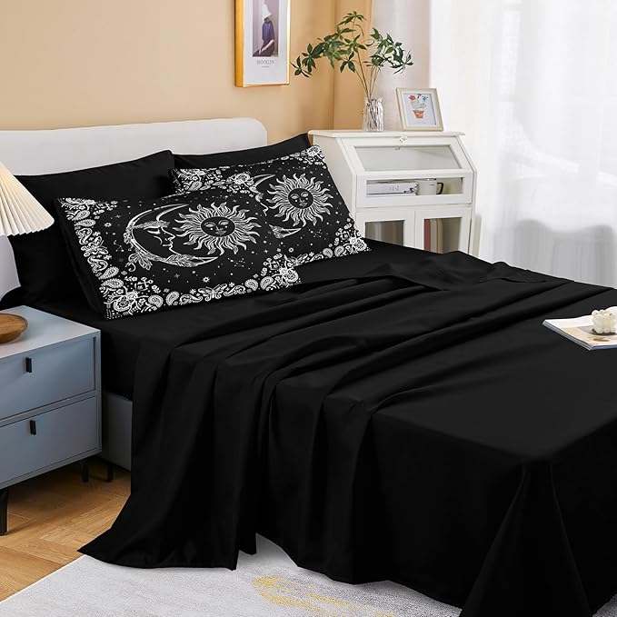 Sun and Moon Comforter Set 8 Pcs Black White Paisley Bedding Sets Stars Starry Sky Galaxy Theme Boho Comforter Paisley Floral Exotic Bedding Comforter King Bed in A Bag