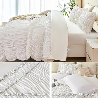 PERFEMET White Bedding Queen Size Set, 5 Pieces Fluffy Ruched Comforter (90"x90"), Luxury Soft Boho Chic Ruffled Bed in a Bag with Sheet, All Season Farmhouse Pleated Texture Bed Sets(White, Queen)