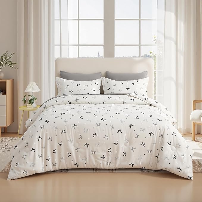 7 Pieces Black Bow Comforter Set for Girls Kids Soft Fluffy Bedding Set Twin Size Bed in A Bag as Gifts (1 Comforter, 1 Flat Sheet, 1 Fitted Sheet, 2 Pillowcase and 2 Pillow Sham)