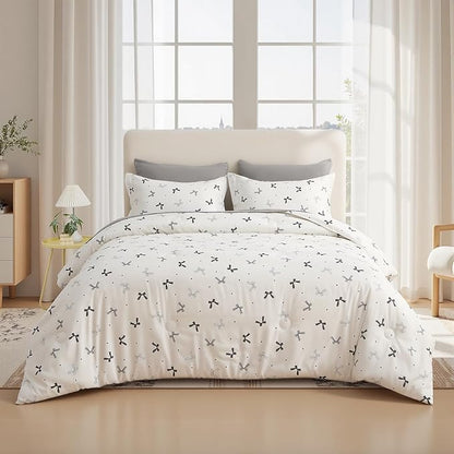 7 Pieces Black Bow Comforter Set for Girls Kids Soft Fluffy Bedding Set Queen Size Bed in A Bag as Gifts (1 Comforter, 1 Flat Sheet, 1 Fitted Sheet, 2 Pillowcase and 2 Pillow Sham)