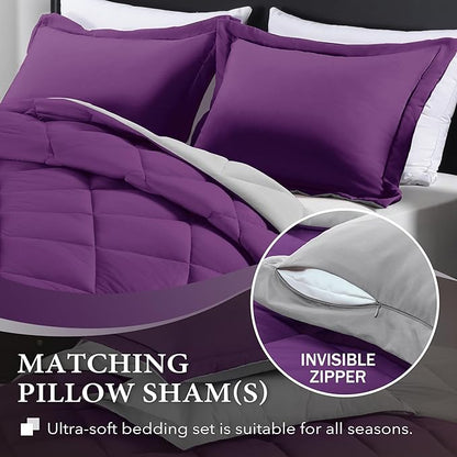 downluxe Queen Comforter Set - Purple and Grey Queen Comforter, Soft Bedding Sets for All Seasons -3 Pieces - 1 Comforter (88"x92") and 2 Pillow Shams(20"x26")
