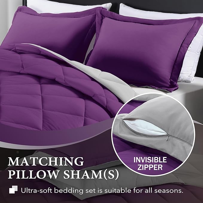 downluxe Twin Comforter Set - Purple and Grey Twin Comforter, Soft Bedding Sets for All Seasons -2 Pieces - 1 Comforter (66"x92") and 1 Pillow Sham(20"x26")