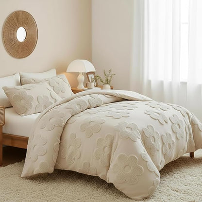 Frienda Spring Floral Full Comforter Cover Set for Girl Women 3 Pcs Tufted Khaki Floral Bedding Set Embroidery Boho Warm Tufted Bedding Include 1 Comforter Cover 2 Pillow Case for Home Gift