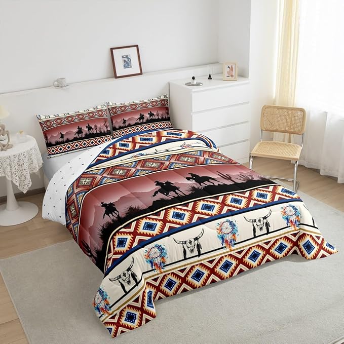 Erosebridal Horse Decor Western Comforter Set King,Farm Animals Quilt Indian Tribal Geometric Aztec Bedding Sets,Exotic Dream Catcher Feather Duvet Insert Farmhouse Western Room Decor,Red