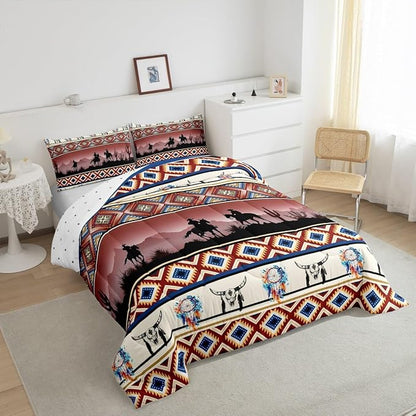 Horse Decor Western Comforter Set Twin,Farm Animals Quilt Indian Tribal Geometric Aztec Bedding Sets,Exotic Dream Catchers Feather Duvet Insert Farmhouse Western Room Decor,Red