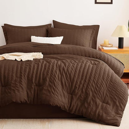 CozyLux Oversized King Comforter Set Brown Seersucker 7 Pieces 120x98 Bed in a Bag Comforter Set with Sheets, Luxury Soft Bedding Sets with Down Alternative Comforter, Sheets, Pillowcases & Shams