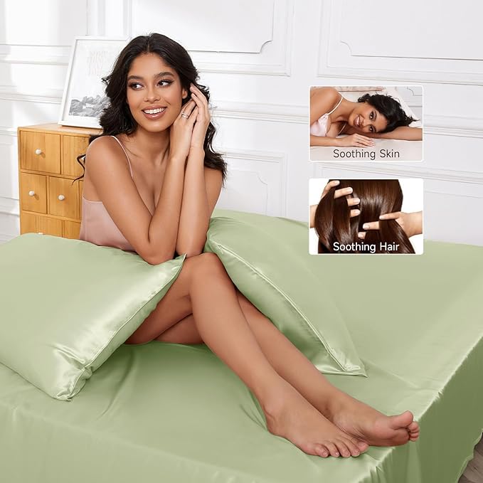 THXSILK Luxury Mulberry Silk Bed Sheets Set - 4pcs Silk Sheets Set 16" Deep Pocket - 1 Fitted Sheet, 1 Flat Sheet, 2 Pillowcases with Zipper Closure - Calfornia King, Mint Green