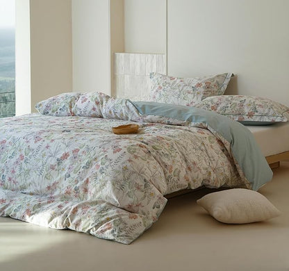 Cotton Queen Size Comforter Set, 3Pcs Flower Print Botanical Comforter for All Seasons, Luxury Warmth Comfy Breathable Bedding Set with 1 Lightweight Comforter and 2 Pillow Shams