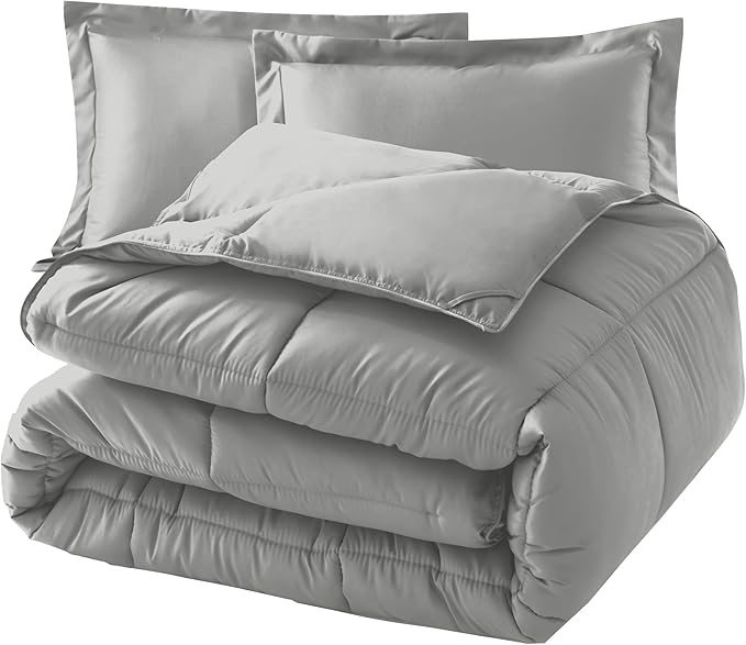 Elegant Comfort 3-Piece Box Stitched Down Alternative Comforter with Shams - Ultra Soft for All Season Duvet Insert with Corner Tabs, Plush Cozy 3PC Comforter Set, King, Silver Gray