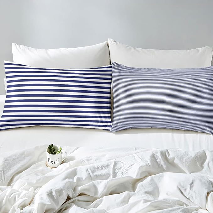 Navy Blue Stripe Comforter Set King Size White Geometric Ticking Stripes Reversible Down Comforter Farmhouse Horizontal Stripes Gothic Home Decor Duvet Set Modern Abstract Striped Bedding Set