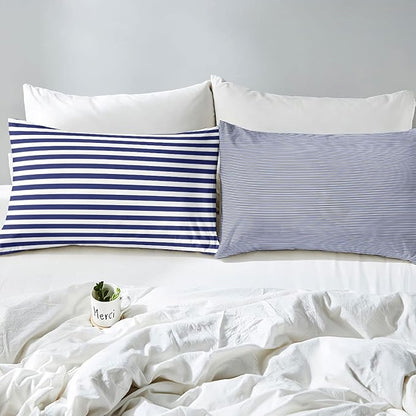 Navy Blue Stripe Comforter Set Queen Size White Geometric Ticking Stripes Reversible Down Comforter Farmhouse Horizontal Stripes Gothic Home Decor Duvet Set Modern Abstract Striped Bedding Set
