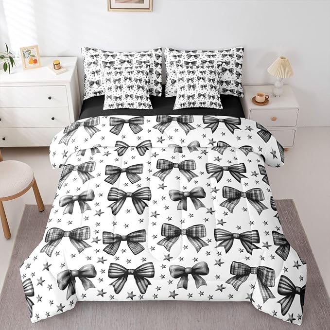 Erosebridal Kids Girls Bowknot Bow Black King 7-Piece Comforter Set | Kawaii Cute Sheets and Pillowcases Starry Princess Bed in A Bag Dreamy Bed Sets