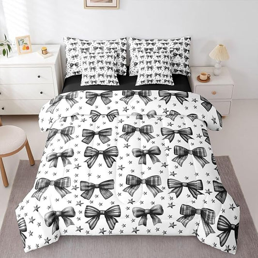 Erosebridal Kids Girls Bowknot Bow Black King 7-Piece Comforter Set | Kawaii Cute Sheets and Pillowcases Starry Princess Bed in A Bag Dreamy Bed Sets