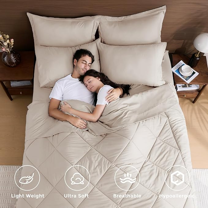 HEVUMYI Beige Tan Cali-King Comforter Set - 7-Piece All Season Bed in a Bag Cali-King, Ultra Soft Bedding Set with Comforter, Flat Sheet, Fitted Sheet, Pillowcases, Pillow Shams, Beige Tan
