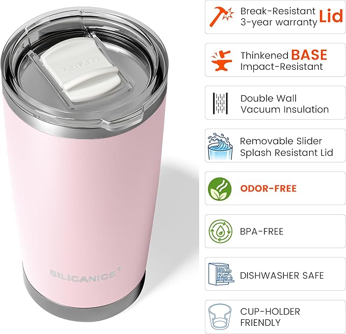 Coffee Tumbler 20 oz, Double Wall Stainless Steel Travel Coffee Mug with Removable Slider Lid, BPA Free, Car Cup Holder Compatible - Gym/Office/Travel/Home - Pink Sand