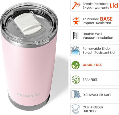 Coffee Tumbler 20 oz, Double Wall Stainless Steel Travel Coffee Mug with Removable Slider Lid, BPA Free, Car Cup Holder Compatible - Gym/Office/Travel/Home - Pink Sand