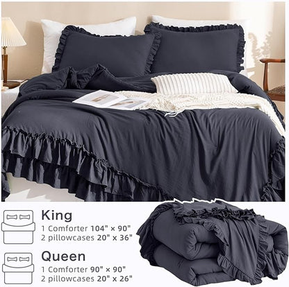 Masaca Ruffled Comforter Set King,Farmhouse Shabby Boho Chic Bedding Comforter Vintage Aesthetic Rustic Bedding 3 Pieces (1 Dark Grey Ruffle Comforter and 2 Pillowcases)