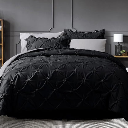 JOLLYVOGUE Black/Gray Bed in a Bag Comforter Set for Bedroom, Pintuck Full Size Comforter Sets 7 Pieces, Bedding Comforter Sets with Comforter, Sheets,Ruffled Shams & Pillowcases