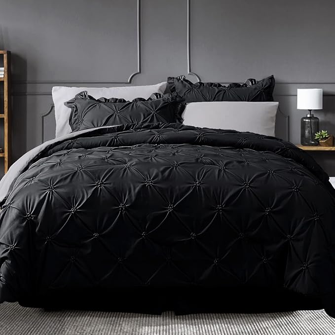 JOLLYVOGUE Black/Gray Bed in a Bag Comforter Set for Bedroom,Cal King Size Comforter Sets 7 Pieces,Bed in a Bag Comforter Set for Bedroom with Comforter, Sheets,Ruffled Shams & Pillowcases