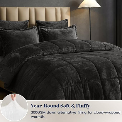 PHF Double-Sided Velvet Comforter Set King Size, 5 Piece Soft Luxury Winter Warm Bedding Sets, Modern Bed in A Bag Including 1 Cozy Comforter, 2 Pillow Shams, 2 Euro Shams for Home Decor, Black