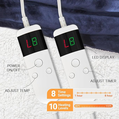 Electric Heated Blanket Throw Size 50''x60'' Soft Flannel & Sherpa Electric Blanket with 10 Heating Levels, Automatically Shut Down After 8h with Overheat Protection Machine Washable