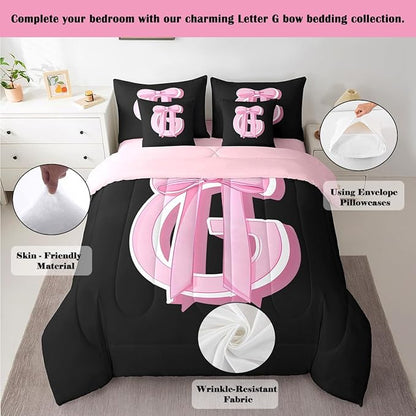 jejeloiu Kids Girls Black Pink Bow Comforter Set with Sheets King Size Monogrammed 7 Piece Bedding Set Personalized Initial G Bed in a Bag with Comforter,Sheets,Pillowcases Modern Fashion Bed Set