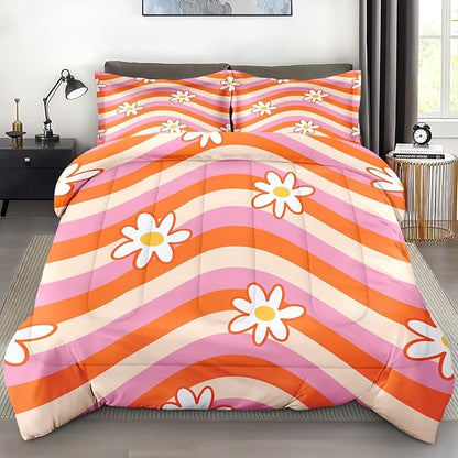 Comforter Set Queen Size, Daisy Retro Orange Soft 3 Pcs Bedding for Kids and Adults, Pink Hippie Aesthetic Comforter Set with 2 Pillowcases, for Bedroom Bed Decor