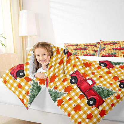 Erosebridal Christmas Comforter Set Queen, Red Truck Down Comforter, Xmas Tree Maple Leaves Bedding Set, Yellow Lattice Grid Bedding Comforters & Sets, Autum Quilt Set for Kids Teens Bedroom Decor