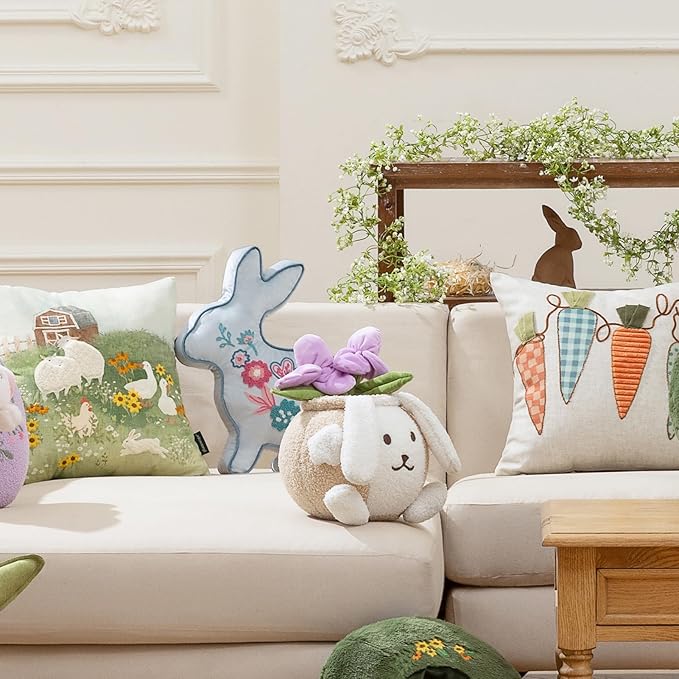 Phantoscope Happy Easter Bunny Shaped Throw Pillow, Embroidered Floral Patterns Cushion Soft Velvet Easter Rabbit Decorative Pillow for Couch Living Room Bed, Blue,18.5 x 13 inches