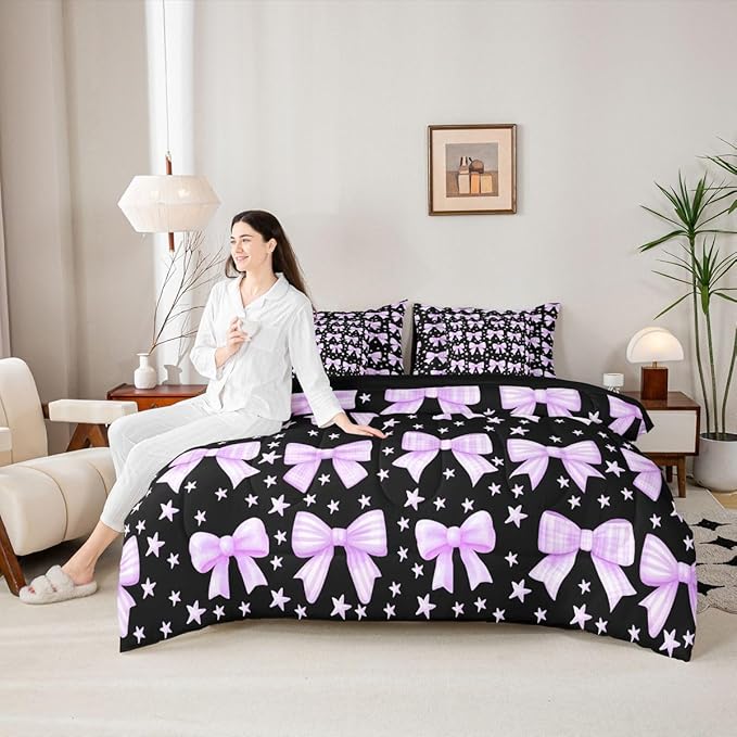 Erosebridal Bowknot Girls Kawaii Purple Black Full Comforter Set 7 Pieces | Cute Bow Bed in A Bag for Bedroom Princess Y2K Dreamy Bedding Set with Comforters Starry Room Decor