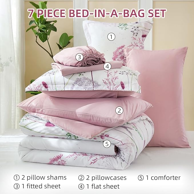 Yiran 7 Piece Comforter Set King Size, Pink Dandelion Floral Bedding Set, Botanical Bed in a Bag King, Soft Microfiber Complete Bedding Set with Comforter, Sheets, Pillowcases & Shams