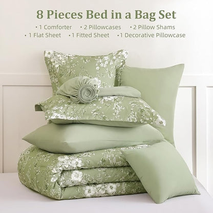 WONGS BEDDING Queen Size Comforter Set, 8 Pieces Sage Green Floral Bed in a Bag Comferter Sets, Botanical Print Soft Fluffy Microfiber Complete Bedding Sets for All Season (90"x90")