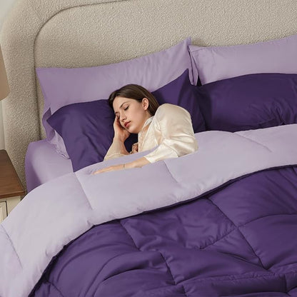Anluoer King Comforter Set,Dark Purple&Light Purple Bed in a Bag 7 Piece,Lightweight Bedding Set with Down Alternative Fill,Bed Set Includes Comforter, Fitted Sheet, Flat Sheet,Pillowcases and Shams