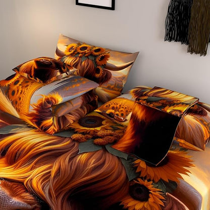 Namoxpa6 Pieces Cow Comforter Sets,3D Yellow Cowhide Pattern,Decorative 6 Piece Bedding Sets with Comforter,Flat Sheet,Fitted Sheet,Throw Pillow Cover,Pillow Shams,Queen Size