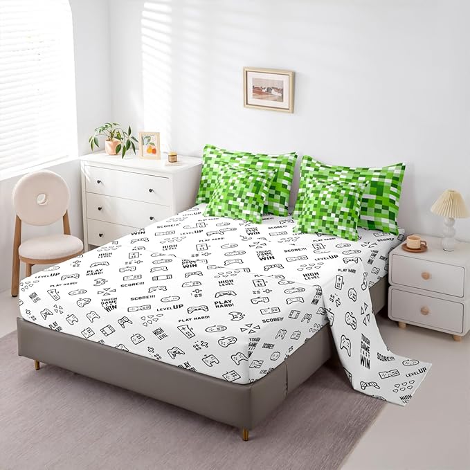 Castle Fairy Pixel Style Games 7 Piece Bedding Set Queen Size,Miner Theme Comforter & Sheet Sets Light Green Block Bed in a Bag Building Gaming Flat & Fitted Sheets,4 Pillow Covers