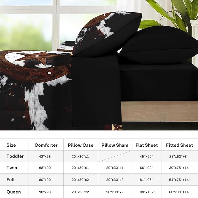 Nesker 5 Pcs Comforter Set Twin Size, Western Cowboy Texas Star Horseshoes Bedding Set for Kids and Adults, Cowhide Rustic Farmhouse Bed Sheet Sets with Fitted Sheet Pillowcases & Shams